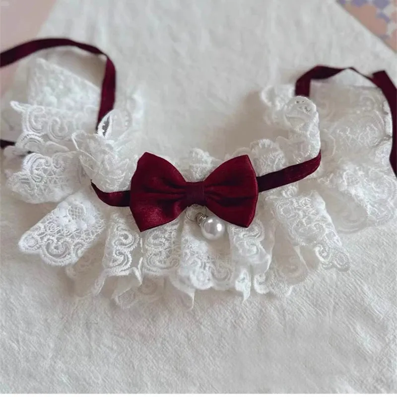 ✨ Elegant Pearl & Lace Pet Bib 🎀 Chic Ribbon Scarf for Pawsome Parties 🐾💖