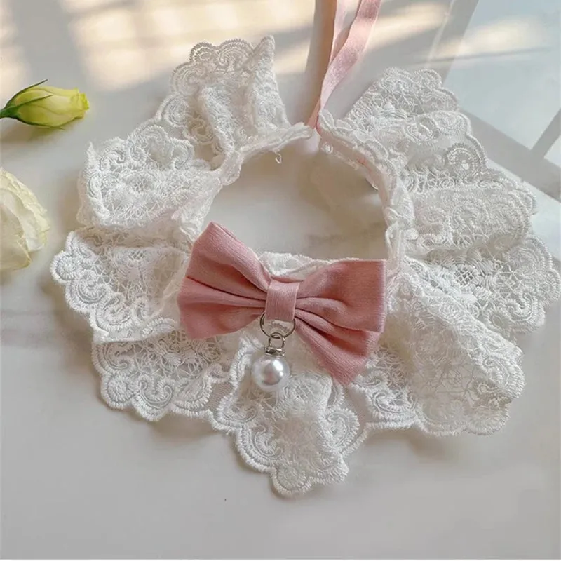 ✨ Elegant Pearl & Lace Pet Bib 🎀 Chic Ribbon Scarf for Pawsome Parties 🐾💖