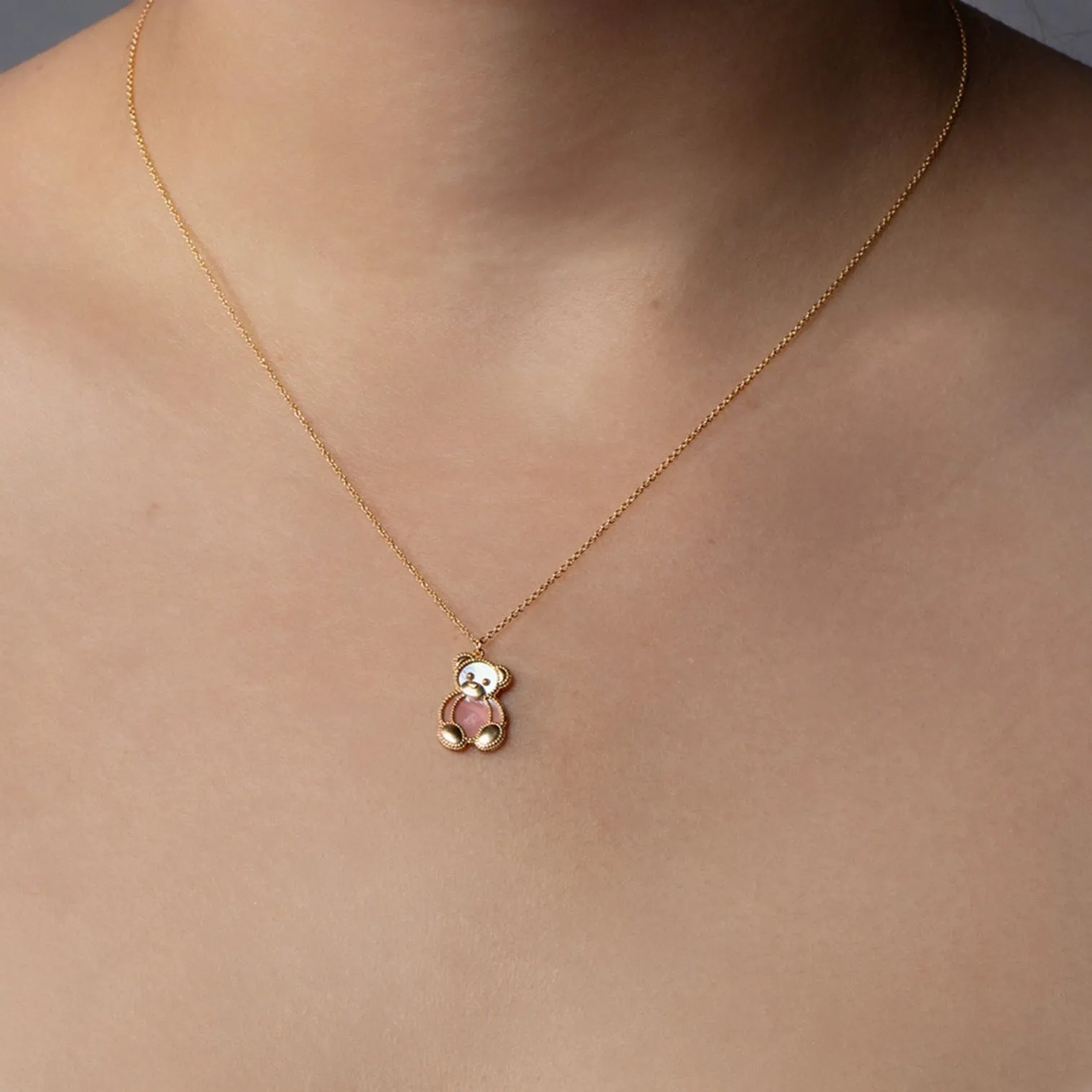 14K & Mother of Pearl Prosecco Teddy Bear Necklace