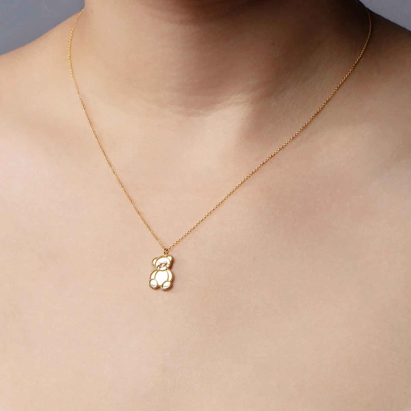 14K & Mother of Pearl Prosecco Teddy Bear Necklace