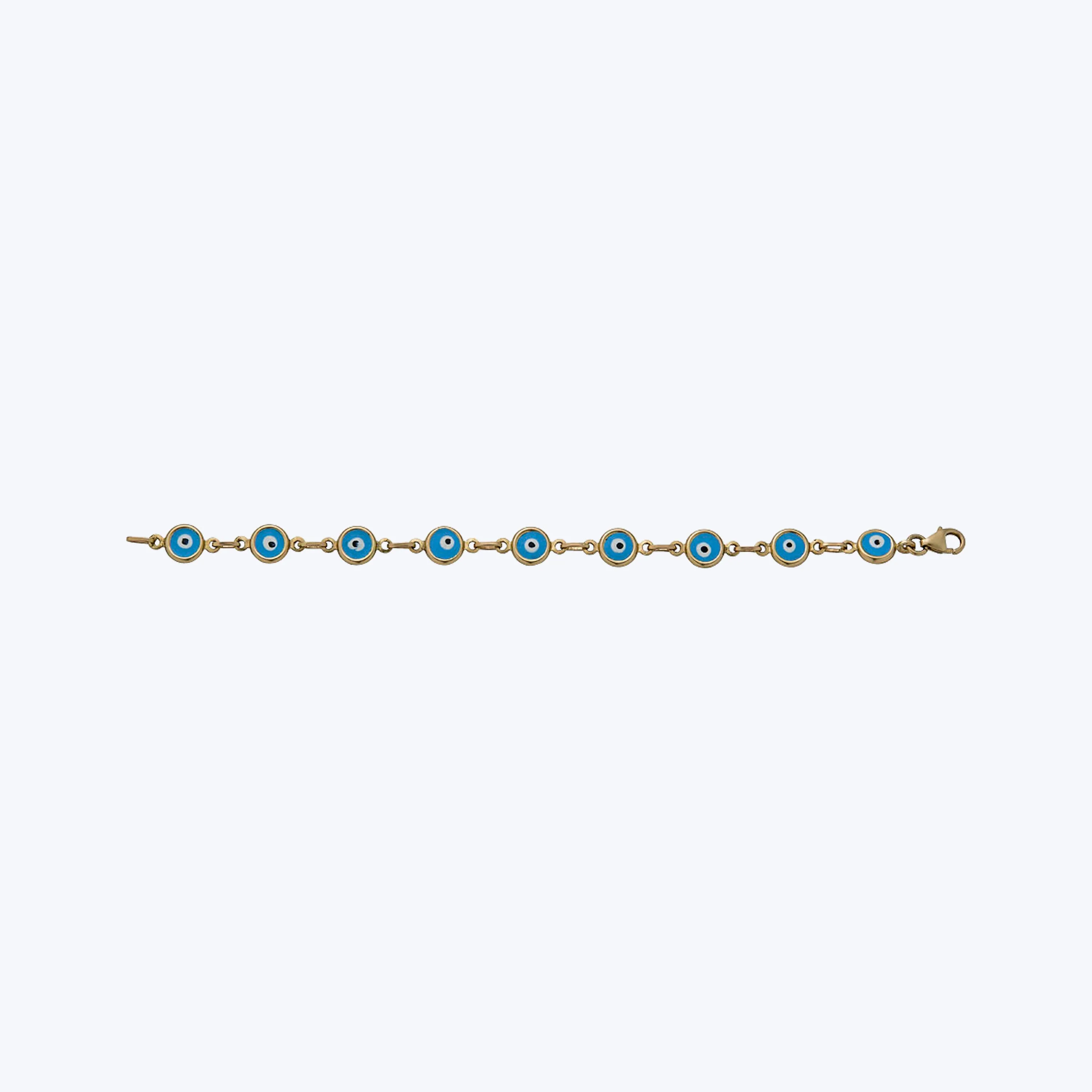 14K Yellow Gold Blue, White, and Black Enamel Evil Eye Bracelet