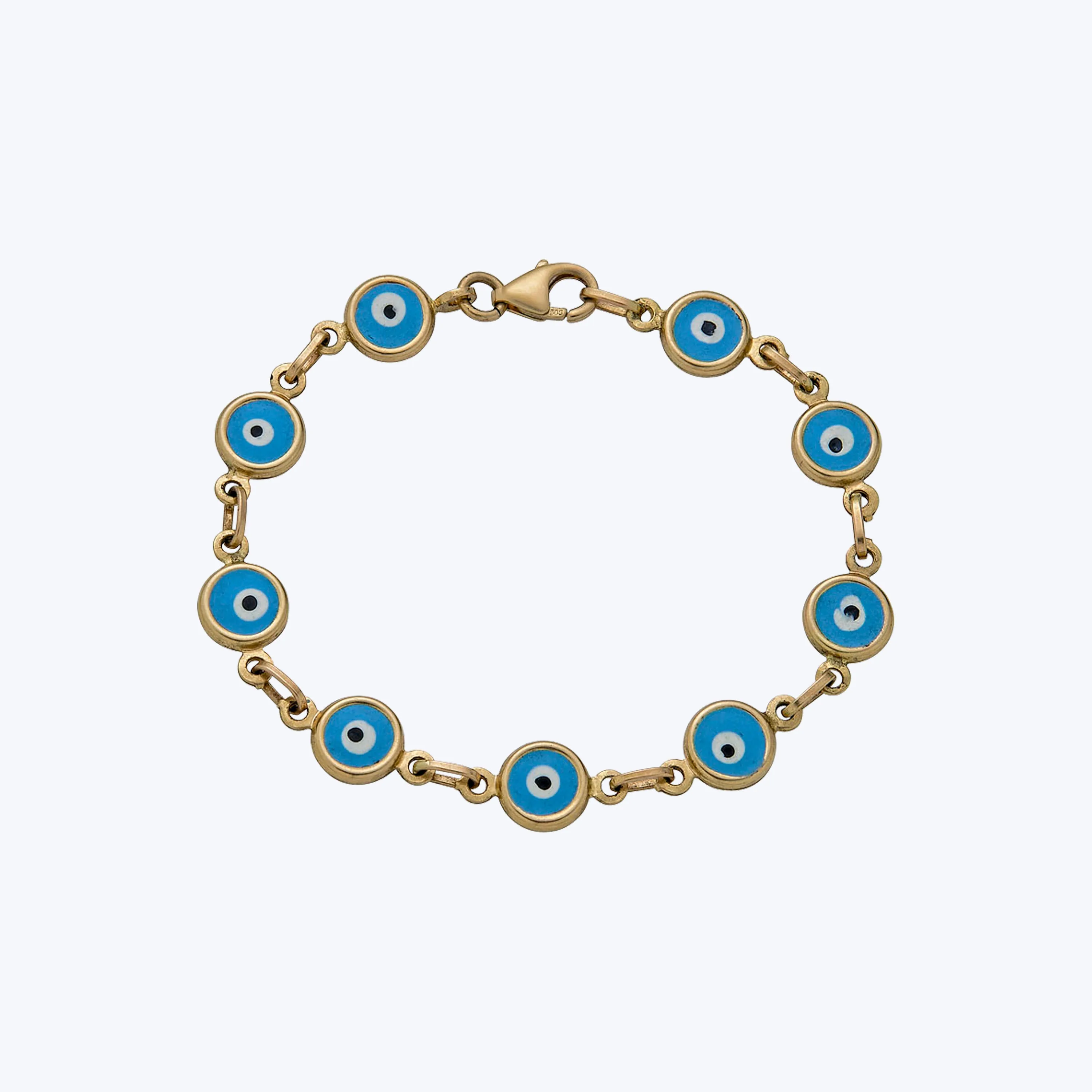 14K Yellow Gold Blue, White, and Black Enamel Evil Eye Bracelet