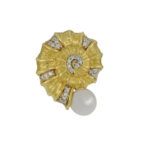 14k Yellow Gold Diamond Nautilus with Freshwater Pearl 6-6.5mm Pendant, D=0.10tw