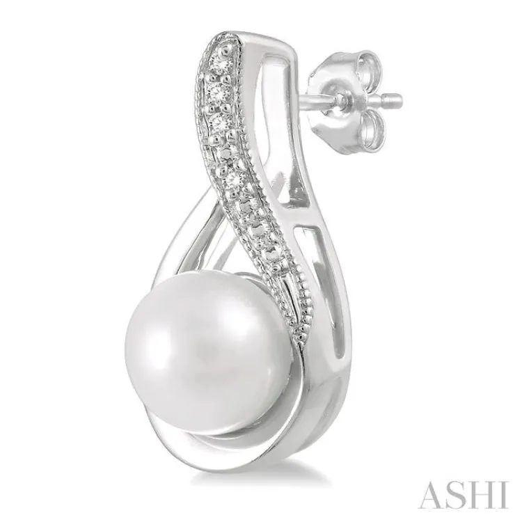 1/50 Ctw Drop Shape Round Cut Diamond & 6x6MM White Pearl Earring in Sterling Silver