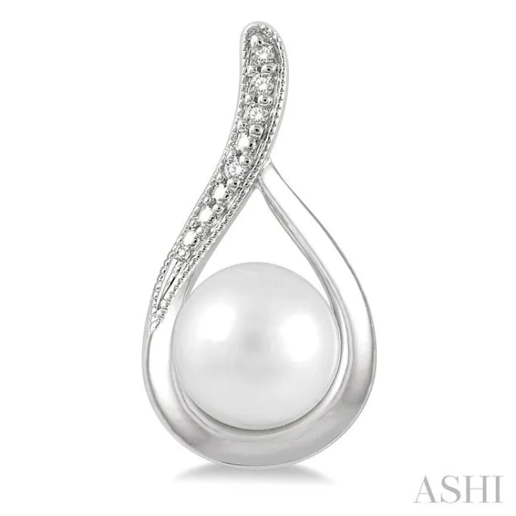 1/50 Ctw Drop Shape Round Cut Diamond & 6x6MM White Pearl Earring in Sterling Silver