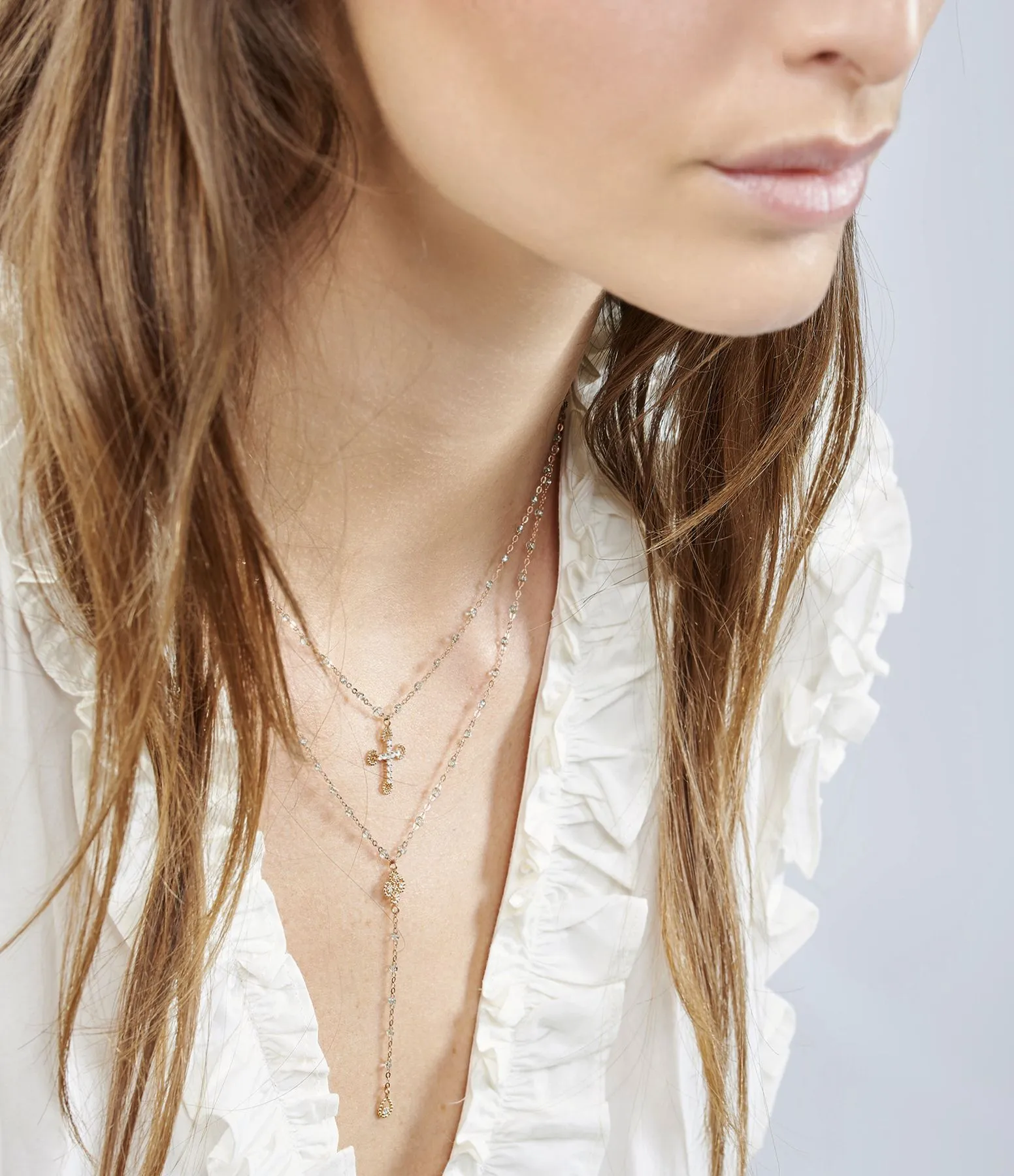 16.5" Classic Petite Lace Cross Necklace - Aqua   Yellow Gold