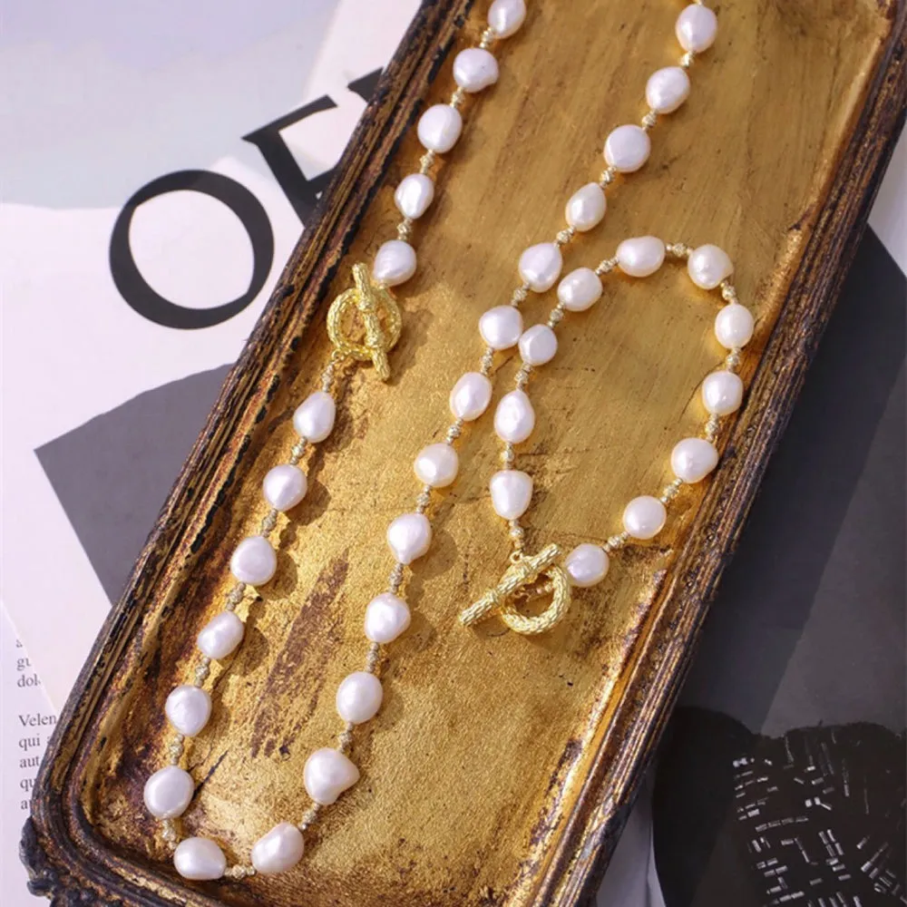18K Solid Gold Natural Baroque Pearl Bead Chain OT Clasp Elegant Charm Necklace Jewelry