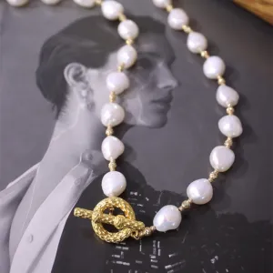 18K Solid Gold Natural Baroque Pearl Bead Chain OT Clasp Elegant Charm Necklace Jewelry