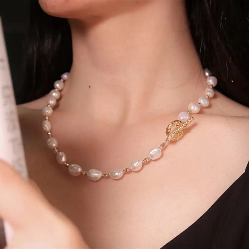 18K Solid Gold Natural Baroque Pearl Bead Chain OT Clasp Elegant Charm Necklace Jewelry