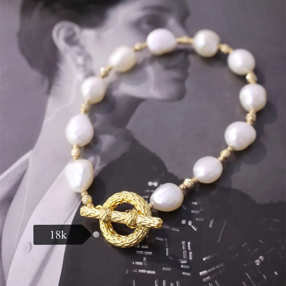 18K Solid Gold Natural Baroque Pearl Bead Chain OT Clasp Elegant Charm Necklace Jewelry