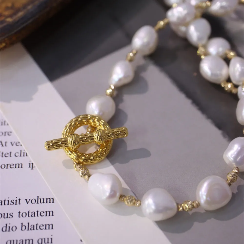 18K Solid Gold Natural Baroque Pearl Bead Chain OT Clasp Elegant Charm Necklace Jewelry