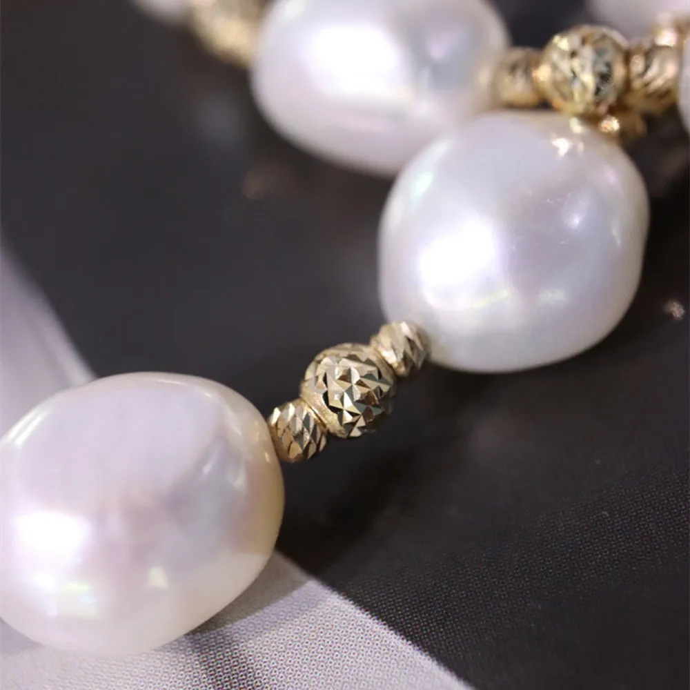 18K Solid Gold Natural Baroque Pearl Bead Chain OT Clasp Elegant Charm Necklace Jewelry