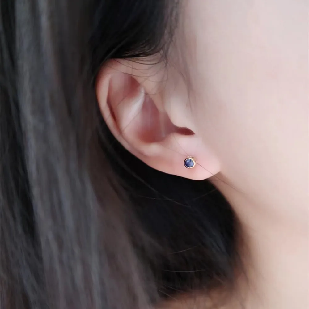 18K Solid Gold Natural Round Sapphire Ear Stud Earrings Simple Charm Jewelry
