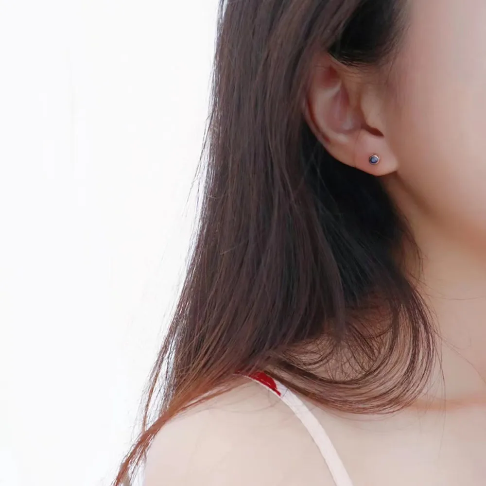 18K Solid Gold Natural Round Sapphire Ear Stud Earrings Simple Charm Jewelry