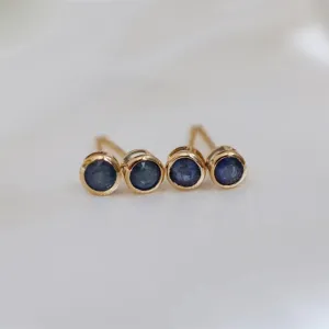 18K Solid Gold Natural Round Sapphire Ear Stud Earrings Simple Charm Jewelry
