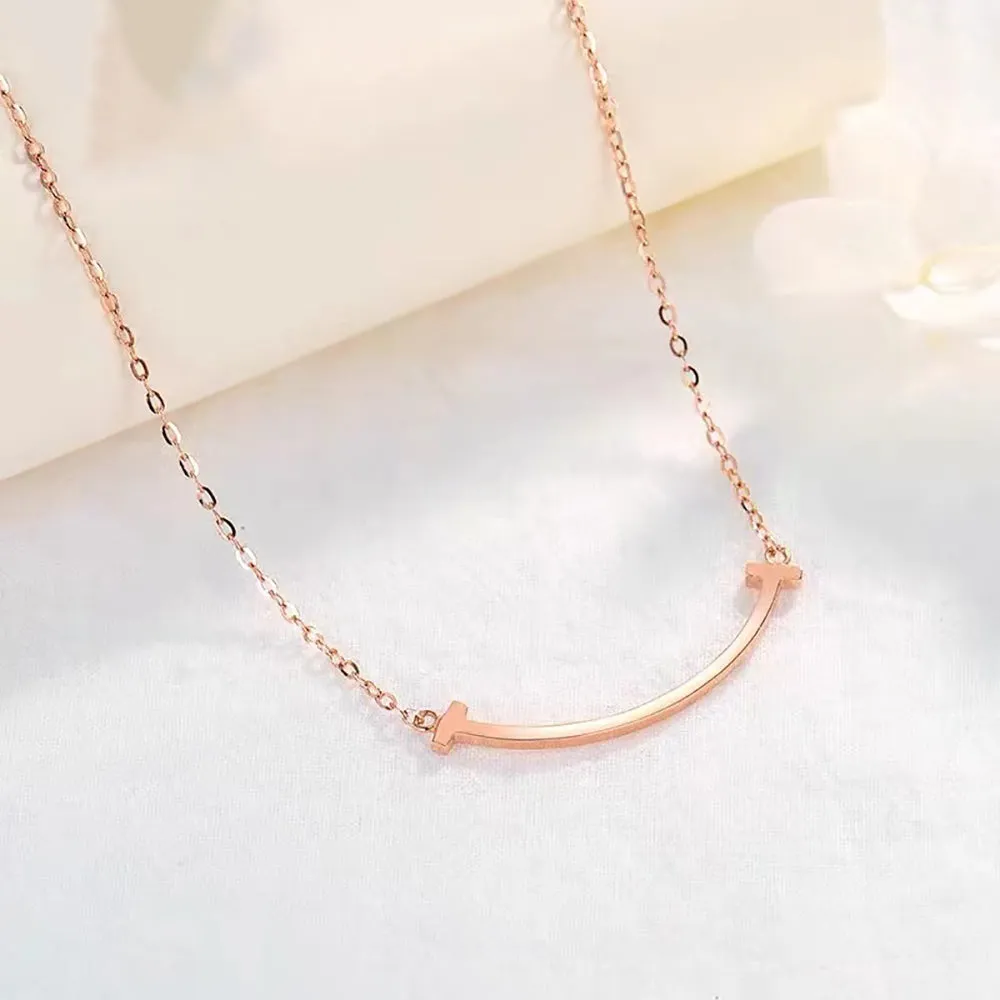 18K Solid Gold O Chain Bar Necklace Smile Beautiful Simple Jewelry Stamped Au750