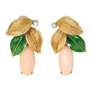 1970's Angel Skin Coral Diamond Enamel Platinum 18 Karat Gold Vintage Foliate Earrings