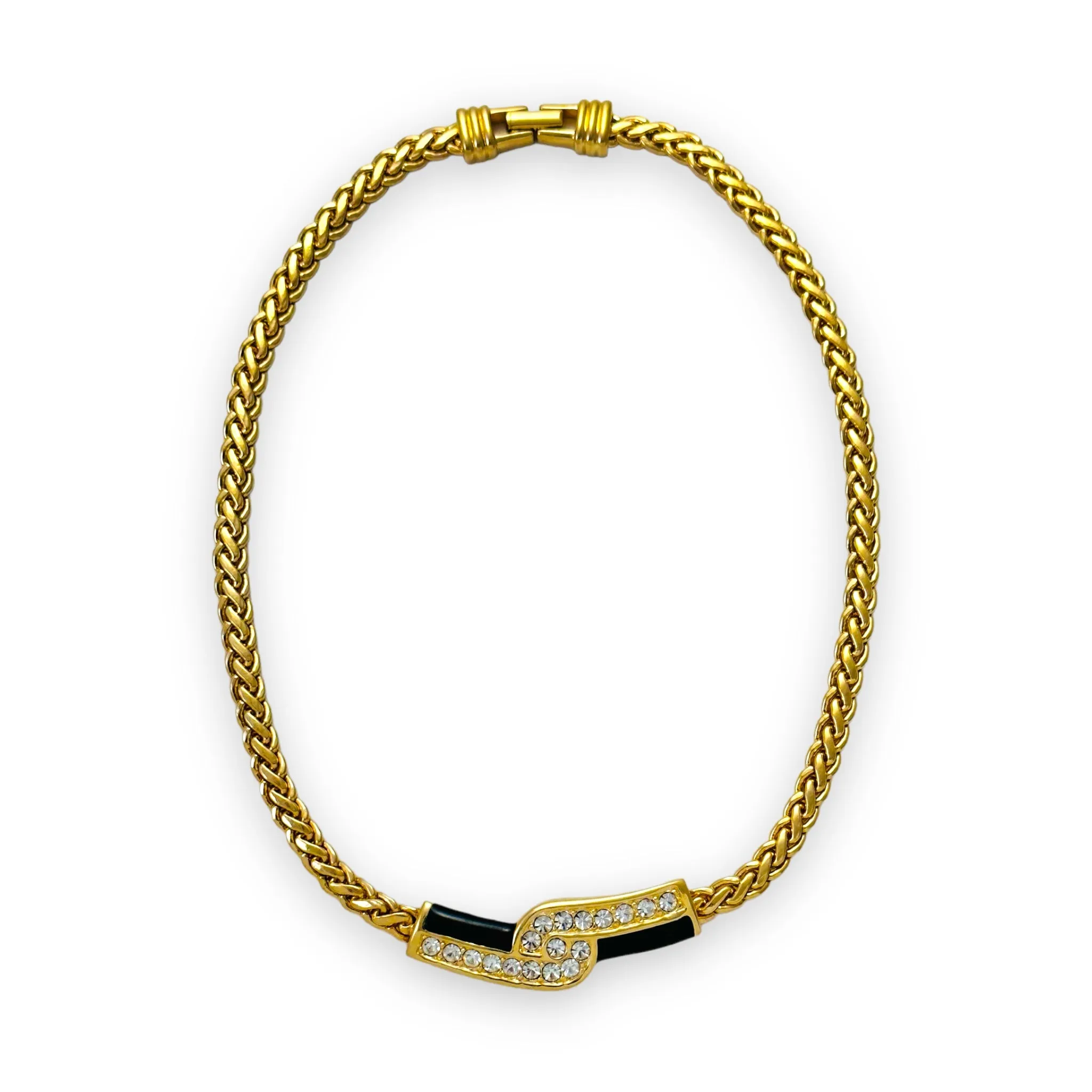 1980’s Vintage SWAROVSKI Crystals Gold Plated & Black Enamel Necklace