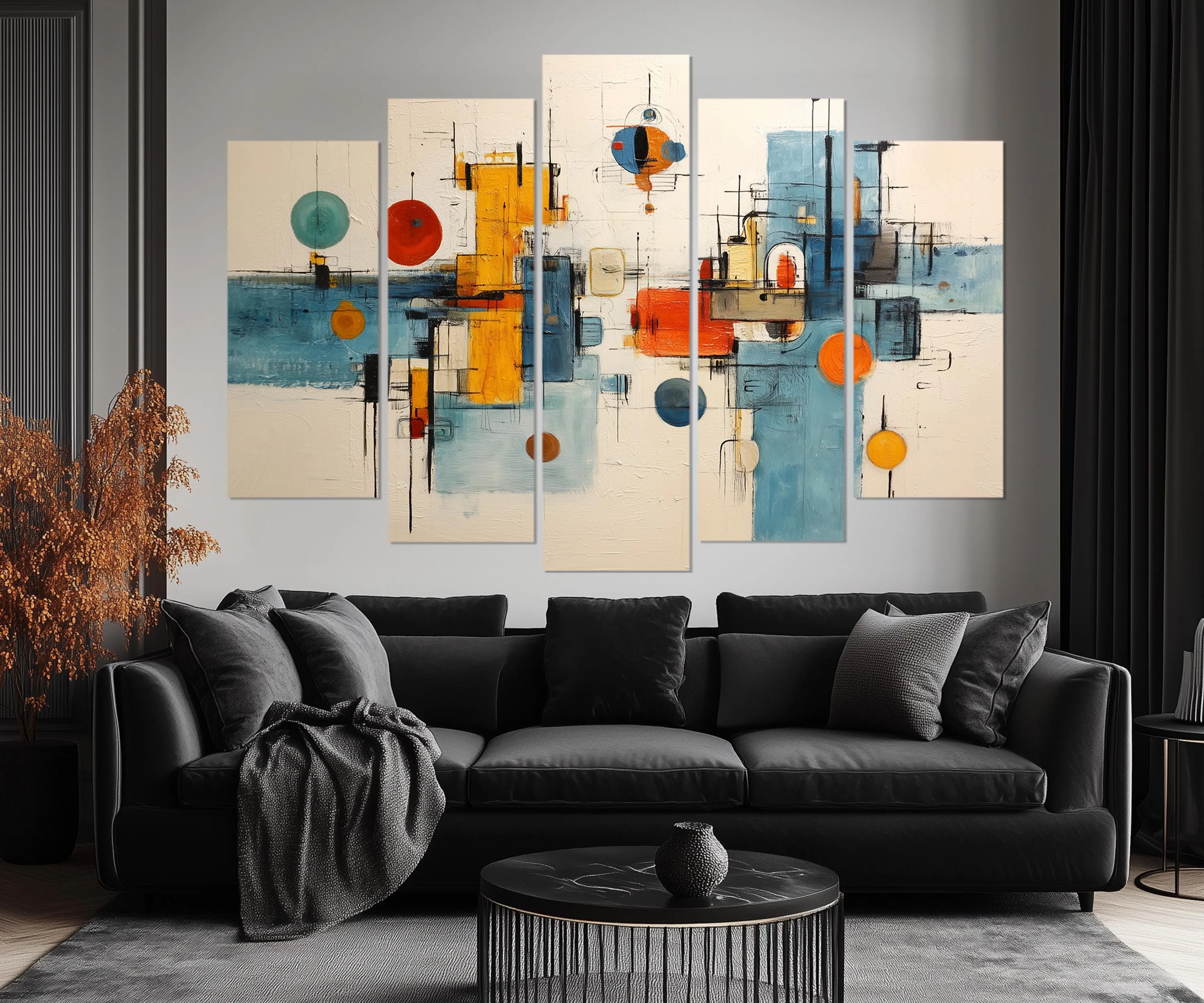 5 Piece Abstract Geometric Shapes Mid Century Modern Wall Art