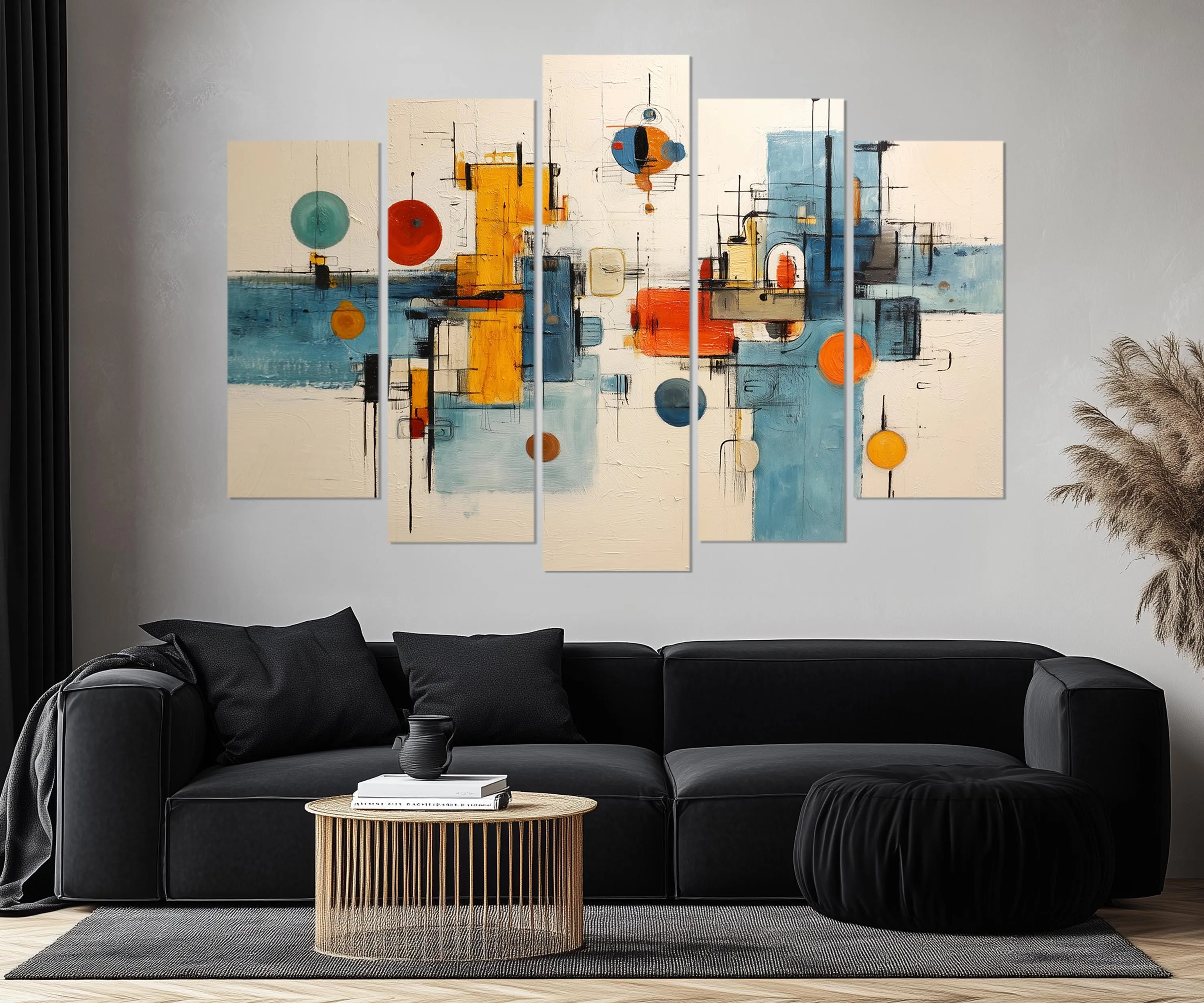 5 Piece Abstract Geometric Shapes Mid Century Modern Wall Art