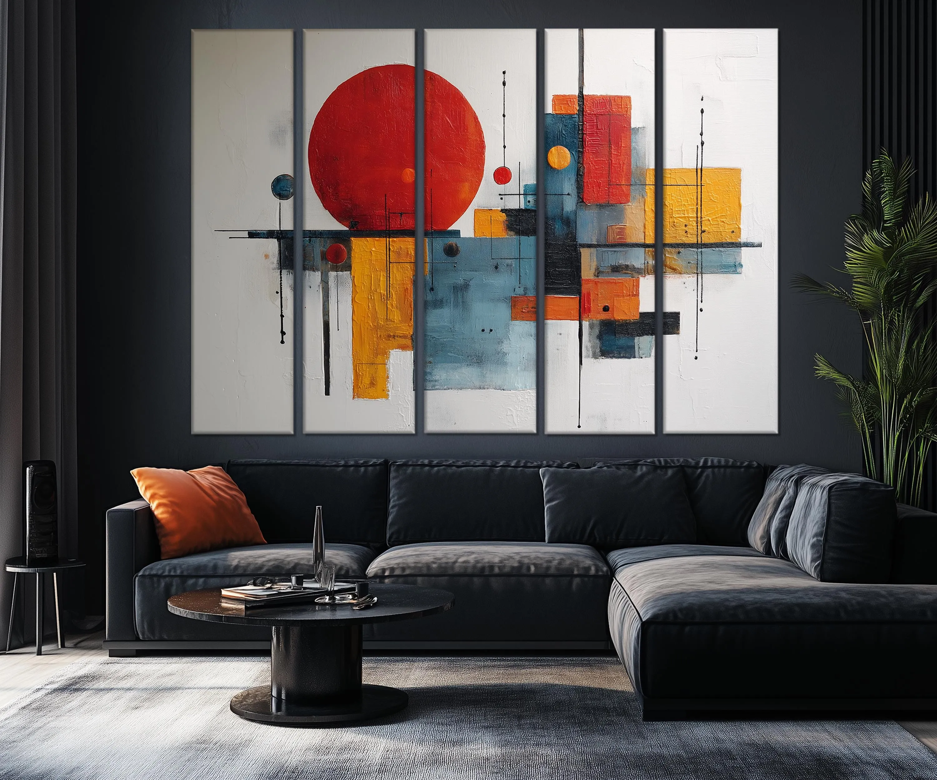 5 Piece  Mid Century Modern Bold Red Abstract Geometric Wall Art
