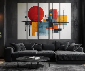 5 Piece  Mid Century Modern Bold Red Abstract Geometric Wall Art