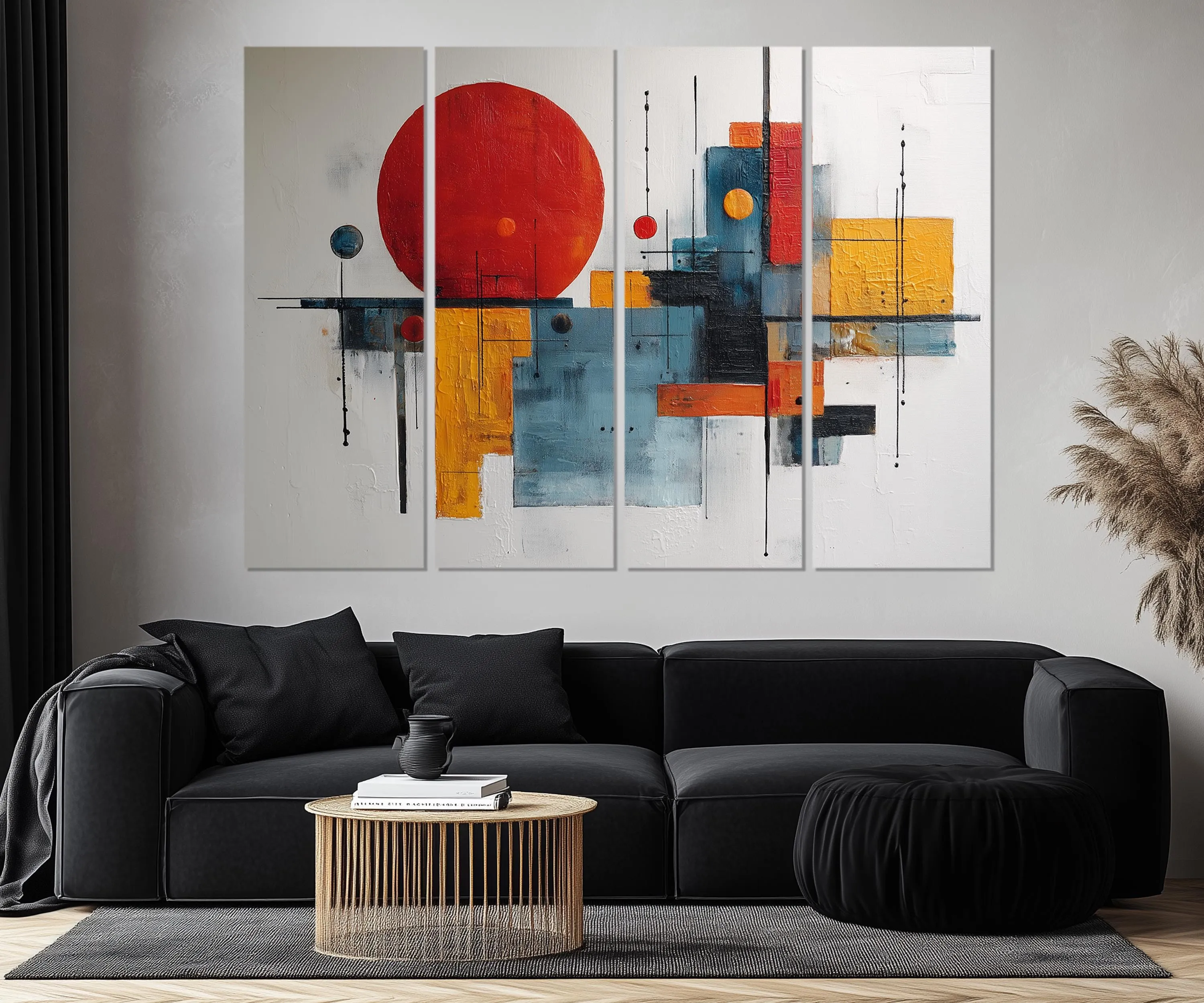 5 Piece  Mid Century Modern Bold Red Abstract Geometric Wall Art