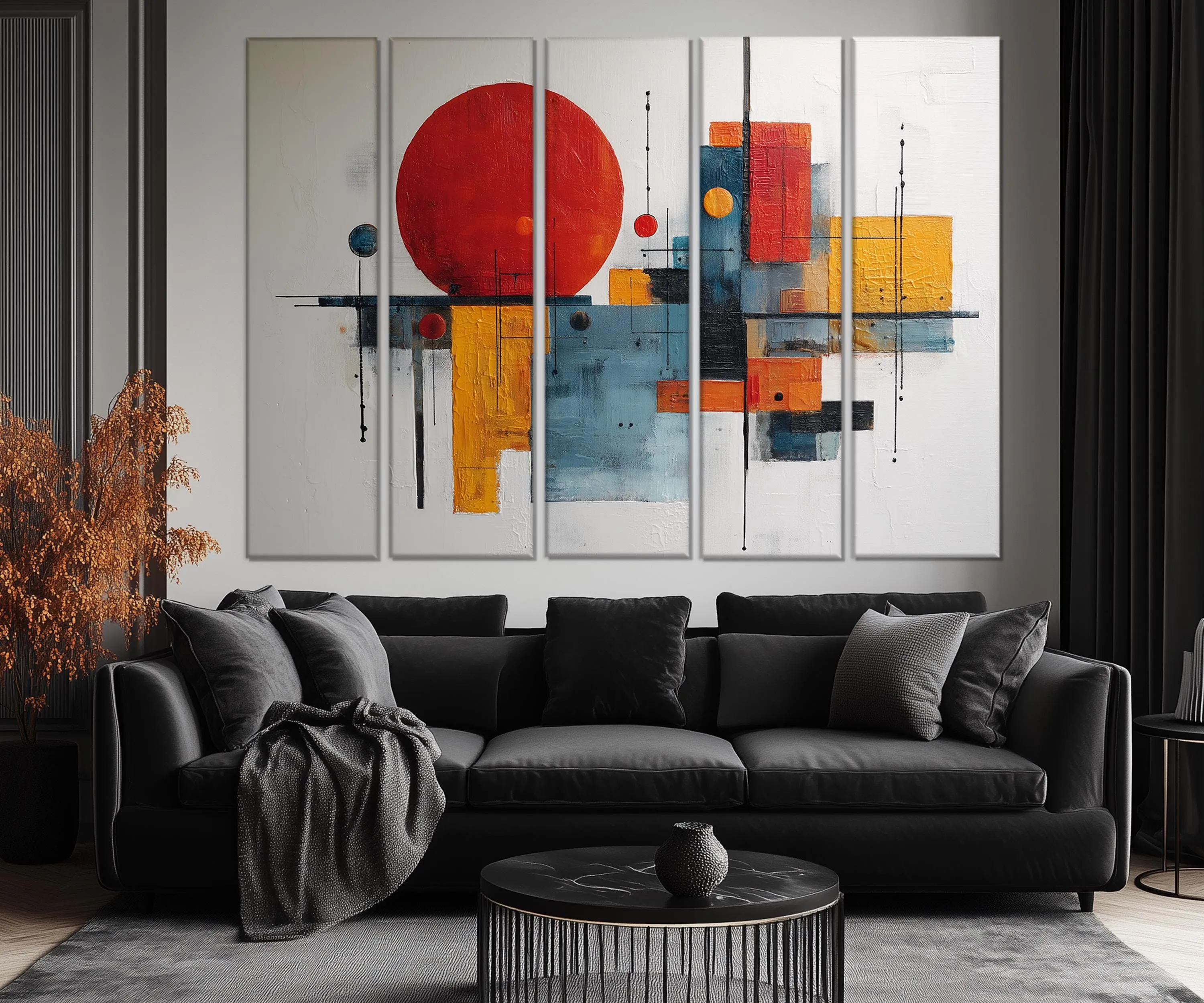 5 Piece  Mid Century Modern Bold Red Abstract Geometric Wall Art