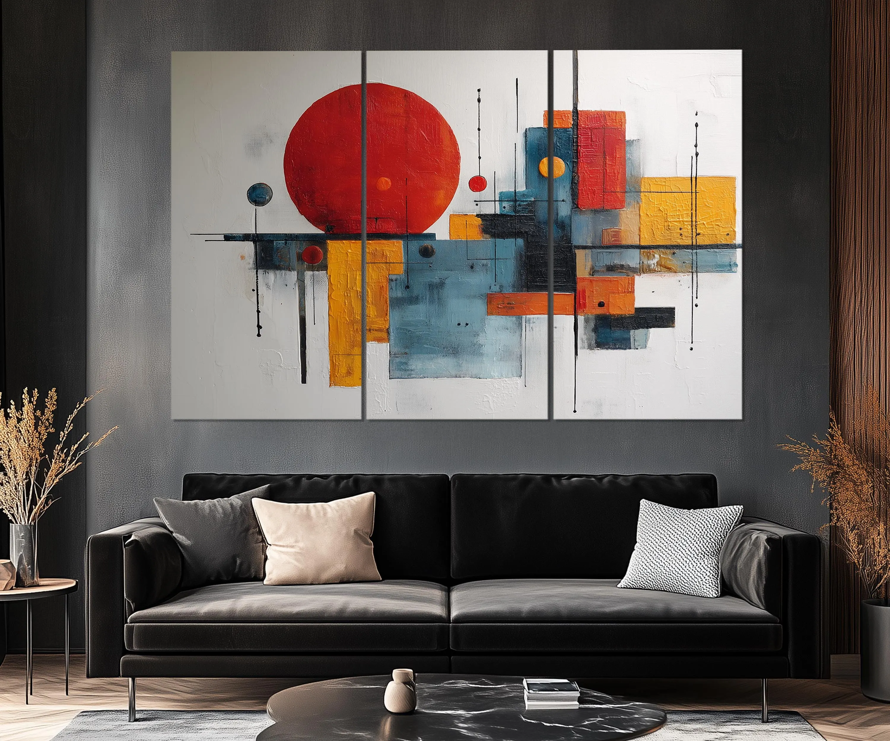 5 Piece  Mid Century Modern Bold Red Abstract Geometric Wall Art
