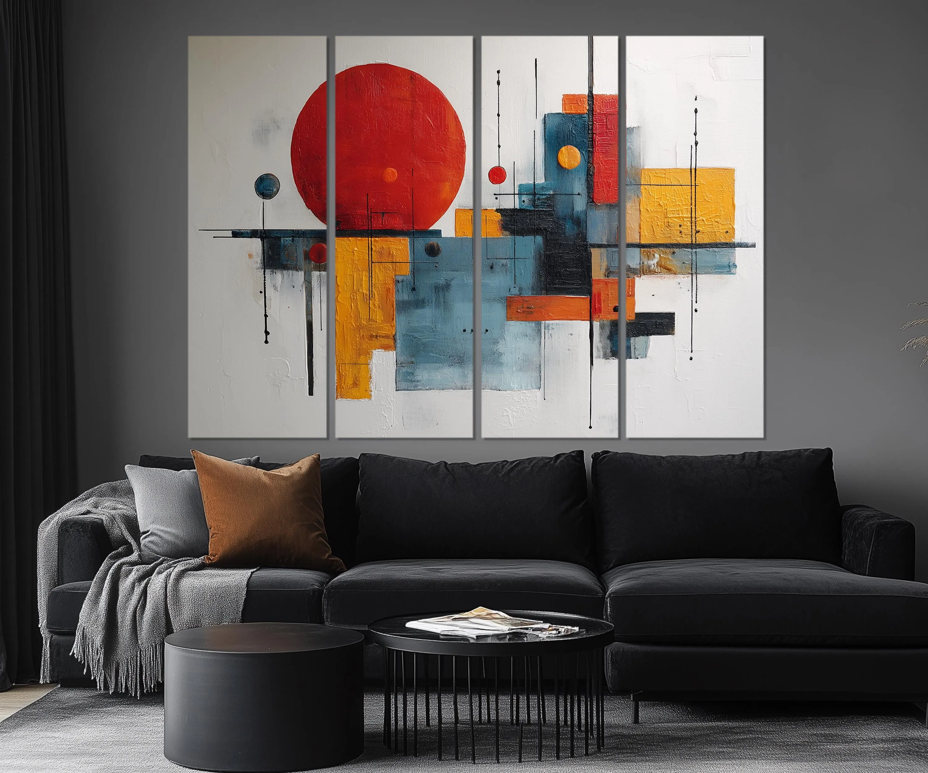 5 Piece  Mid Century Modern Bold Red Abstract Geometric Wall Art