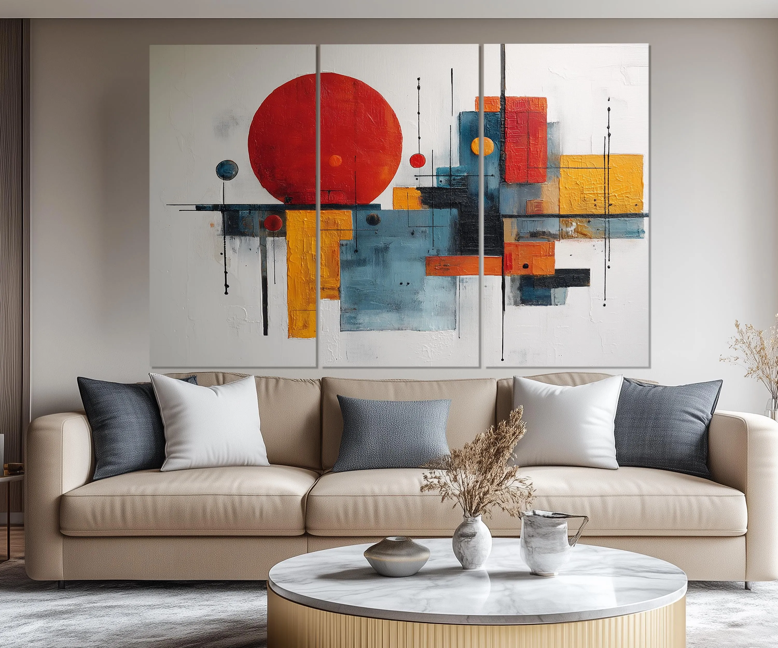 5 Piece  Mid Century Modern Bold Red Abstract Geometric Wall Art