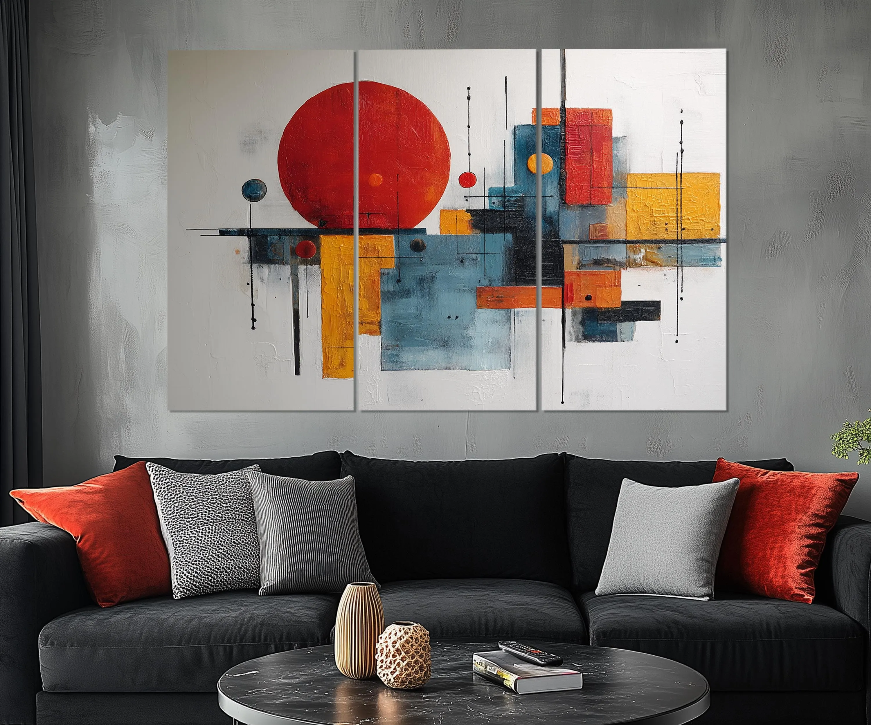 5 Piece  Mid Century Modern Bold Red Abstract Geometric Wall Art