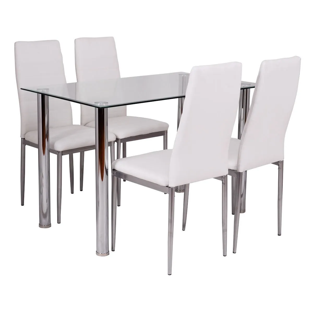 5 Piece Silver White Tempered Glass Top Dining Table Set with Chairs