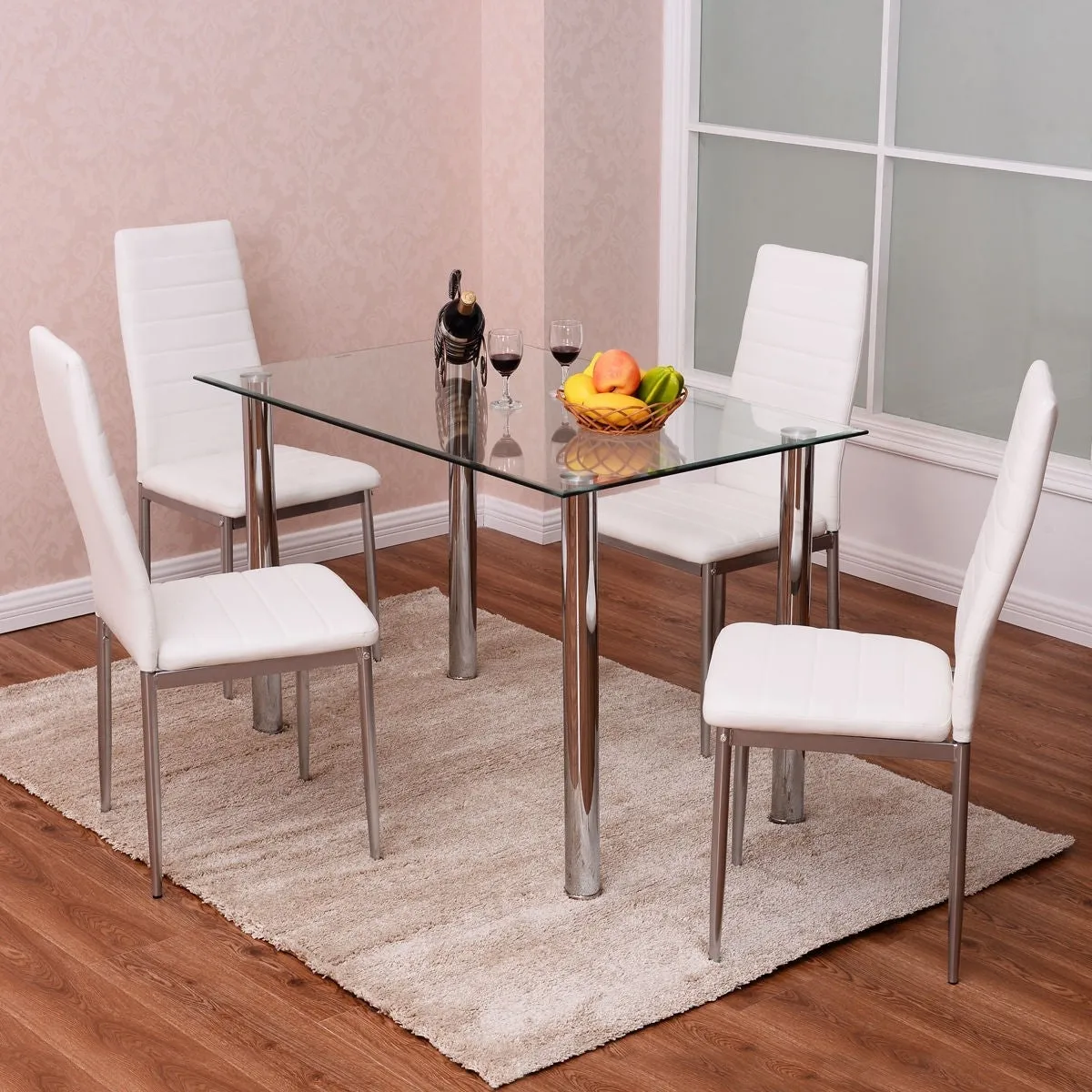 5 Piece Silver White Tempered Glass Top Dining Table Set with Chairs