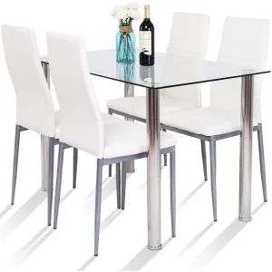 5 Piece Silver White Tempered Glass Top Dining Table Set with Chairs