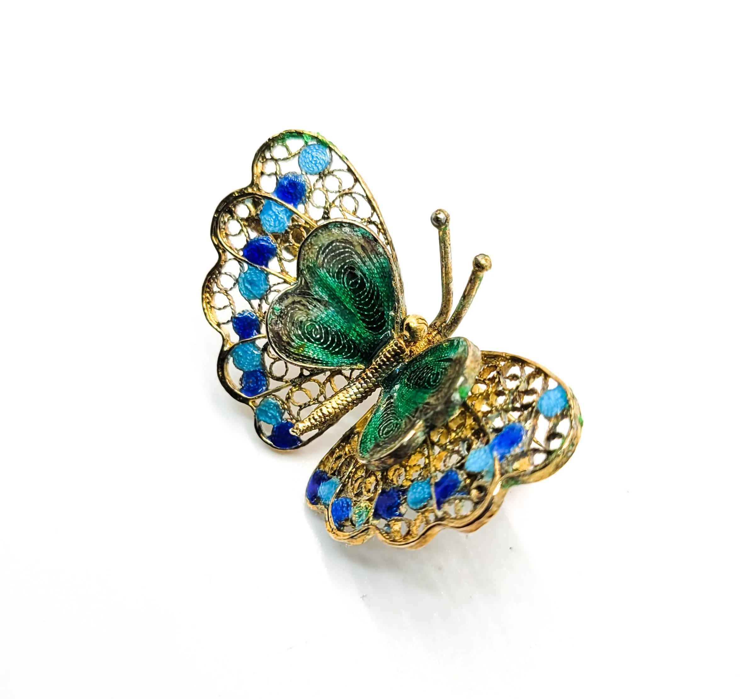 ALIOTO ADRIANA blue and green enamel spun silver gilt vintage brooch Italian 800