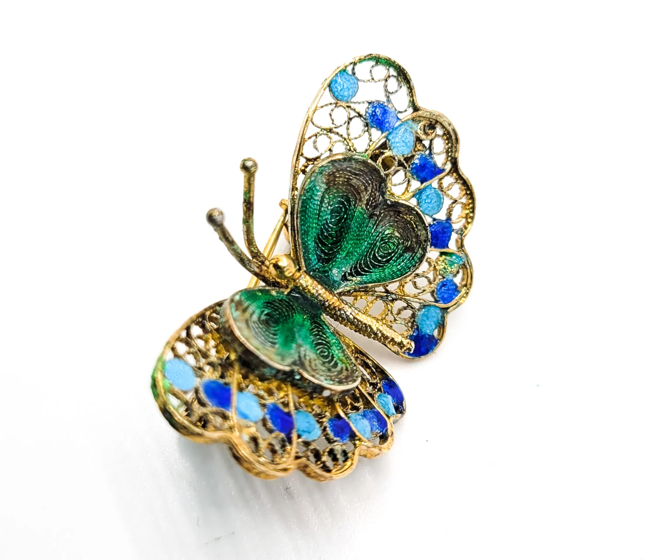 ALIOTO ADRIANA blue and green enamel spun silver gilt vintage brooch Italian 800