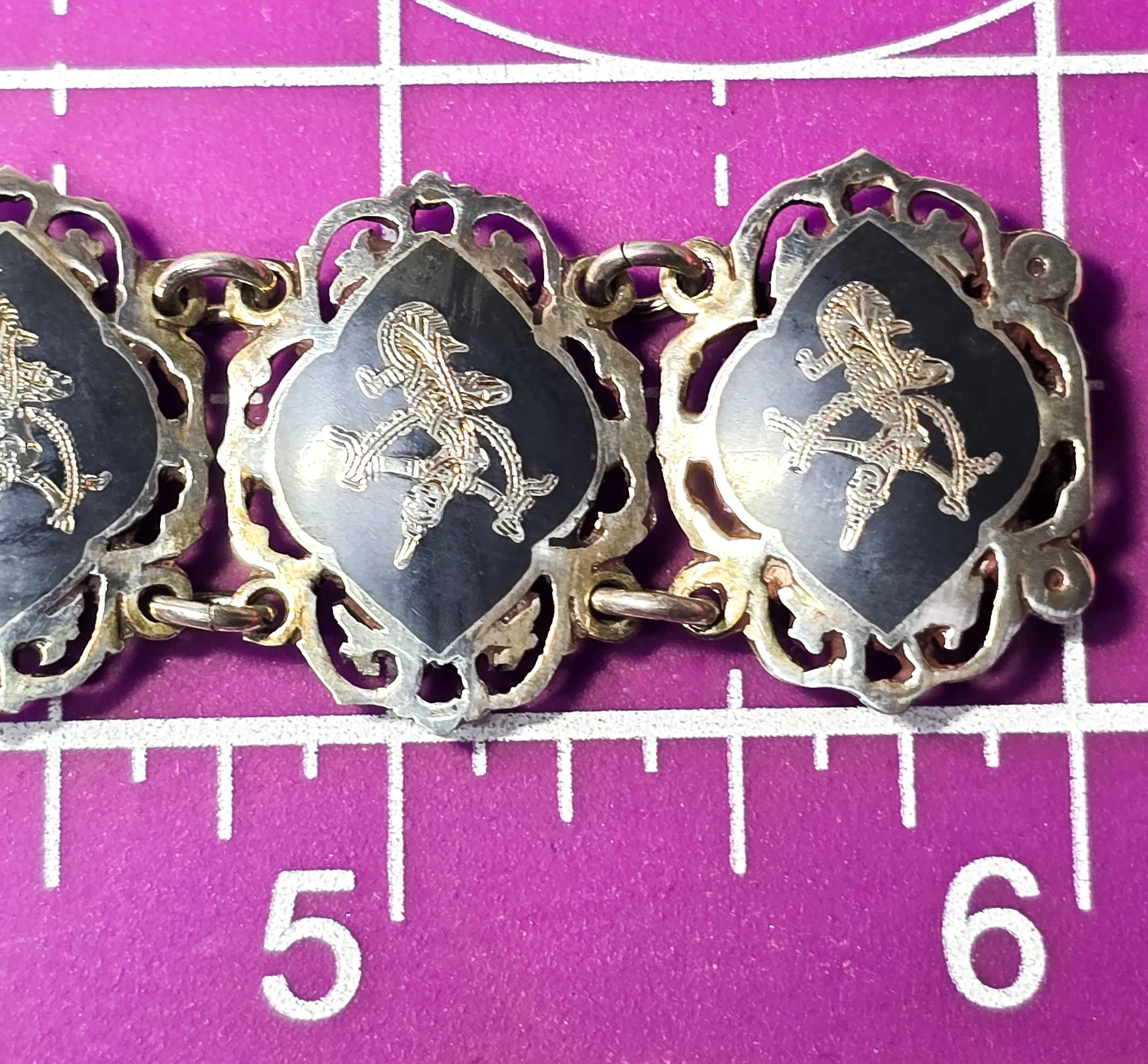 AmFarco Siam black nielloware vintage signed sterling silver panel tennis bracelet