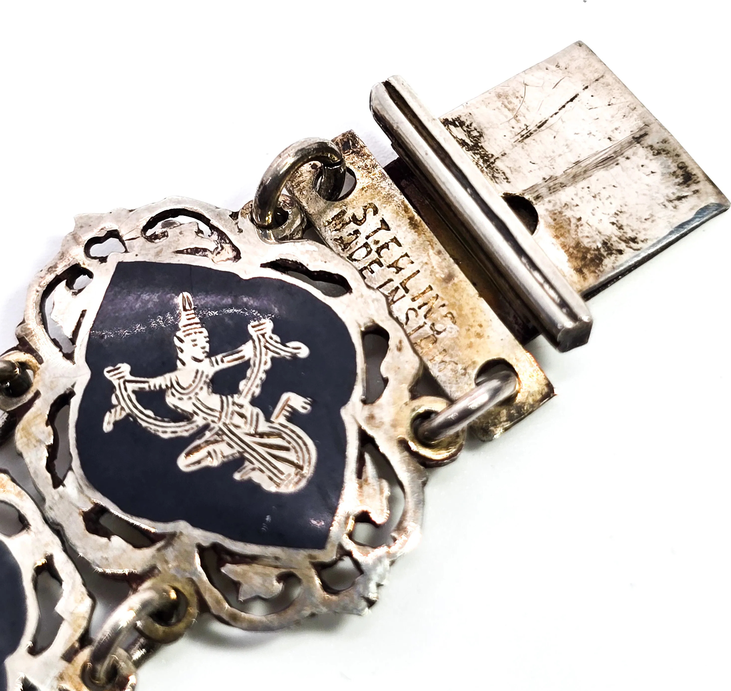 AmFarco Siam black nielloware vintage signed sterling silver panel tennis bracelet