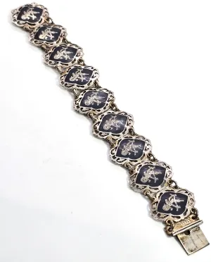 AmFarco Siam black nielloware vintage signed sterling silver panel tennis bracelet