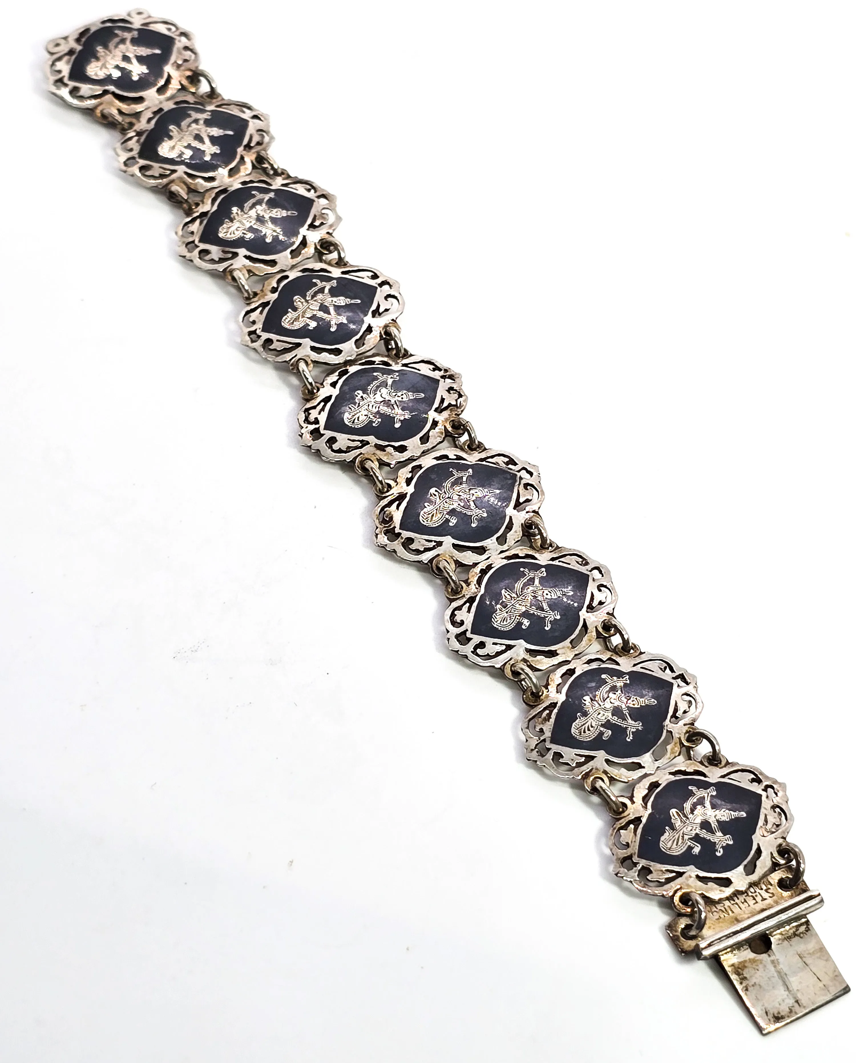 AmFarco Siam black nielloware vintage signed sterling silver panel tennis bracelet