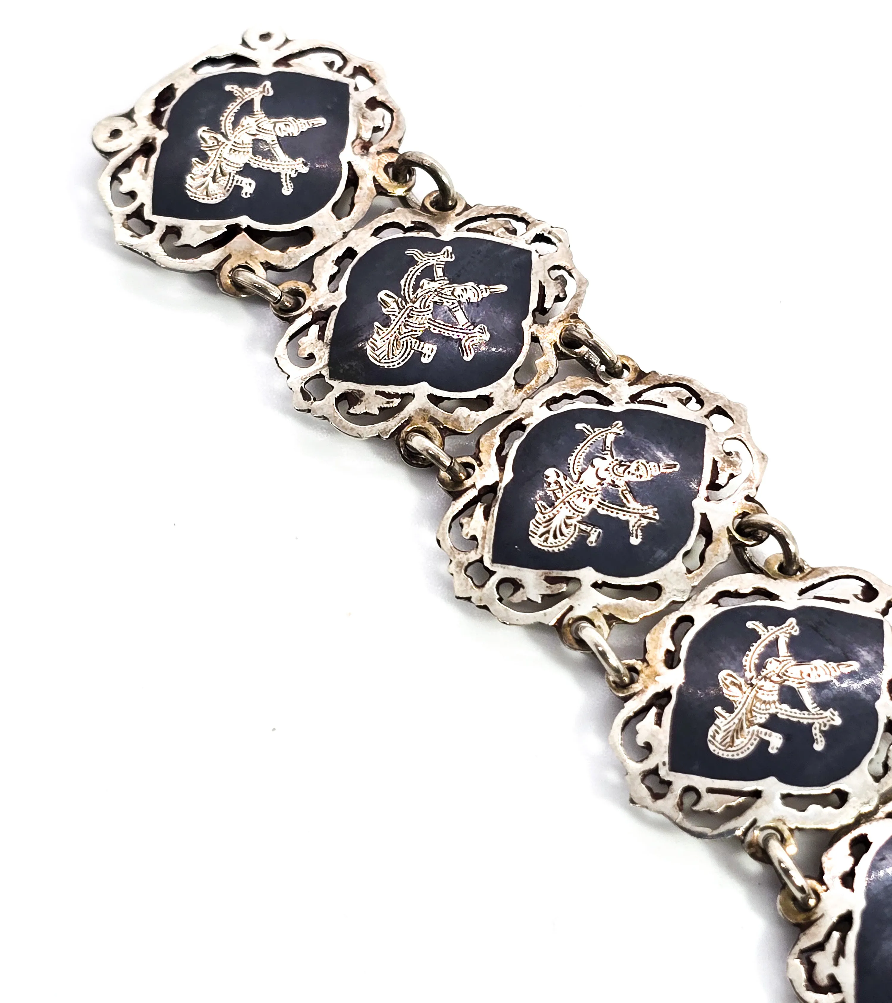 AmFarco Siam black nielloware vintage signed sterling silver panel tennis bracelet