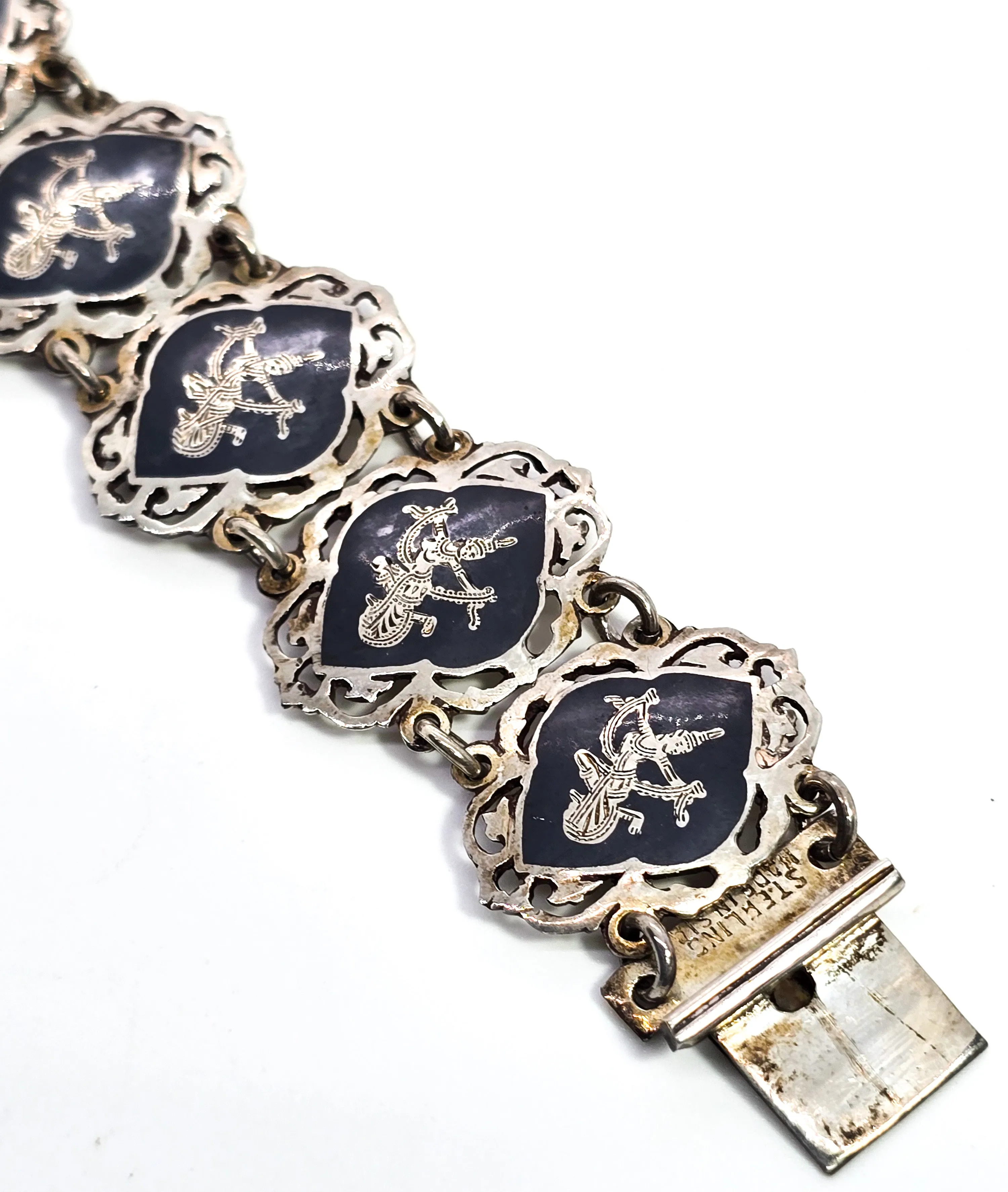 AmFarco Siam black nielloware vintage signed sterling silver panel tennis bracelet