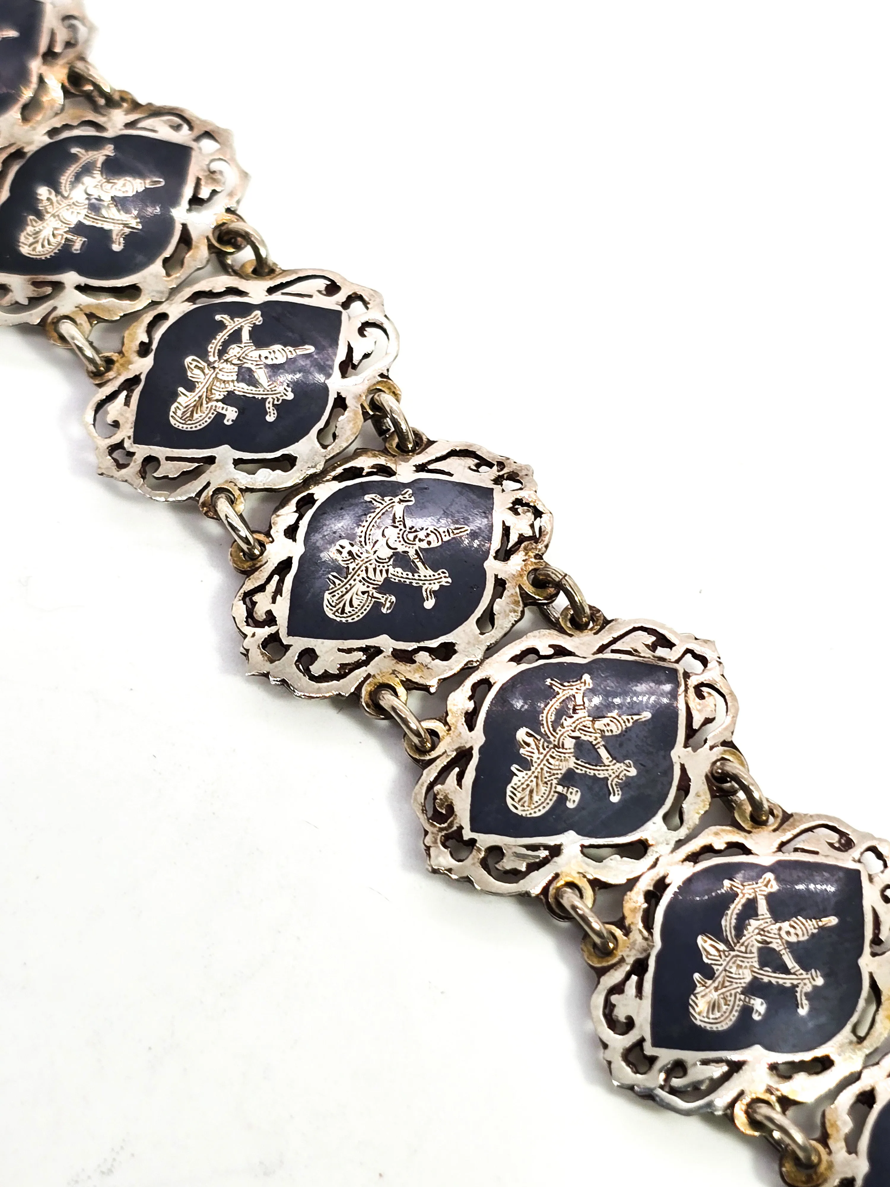 AmFarco Siam black nielloware vintage signed sterling silver panel tennis bracelet