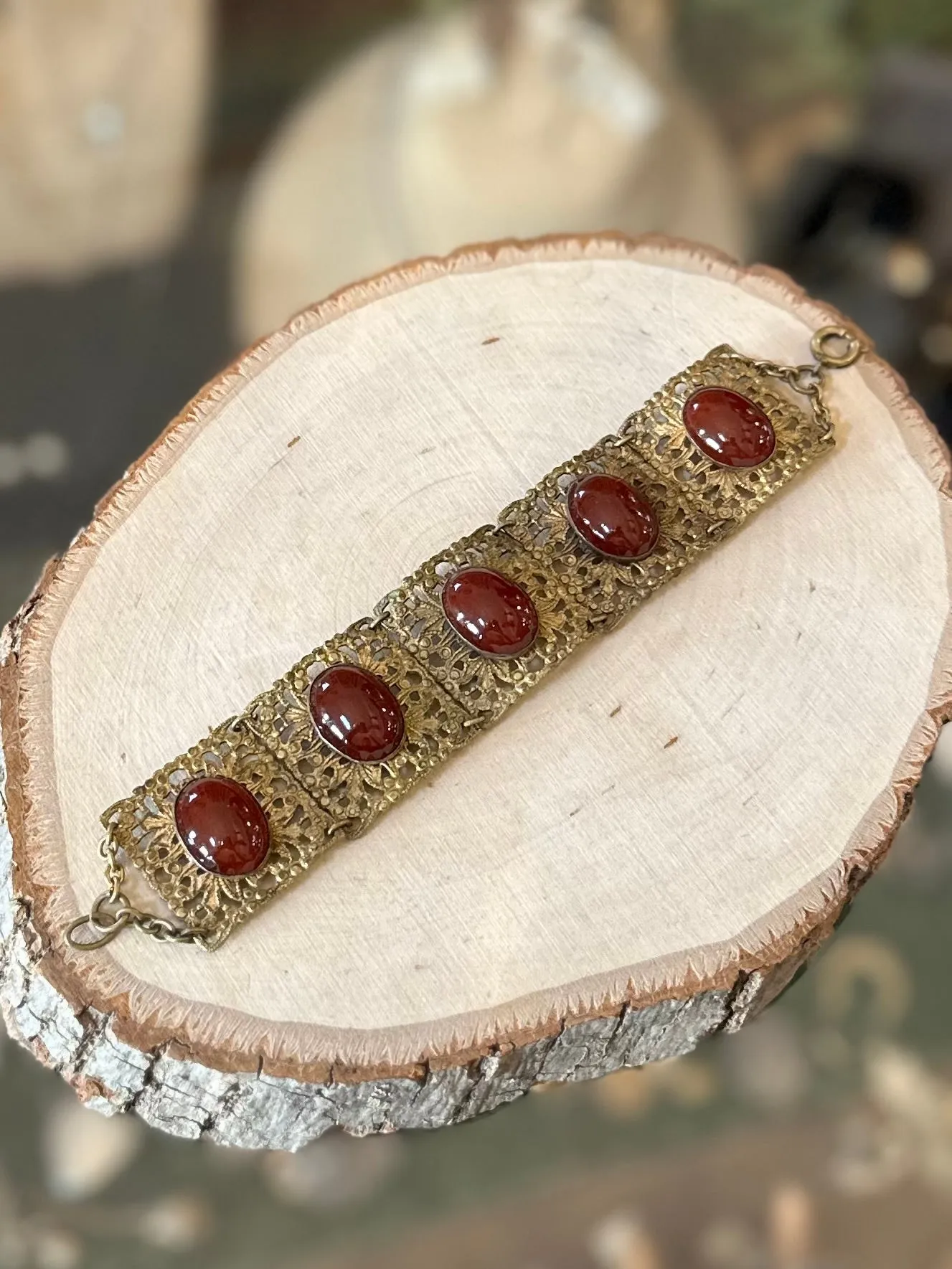 Antique 1910s 1920s Floral Brass & Hand Faceted Carnelian Cabochon Panel Link Bracelet Art Nouveau 7”