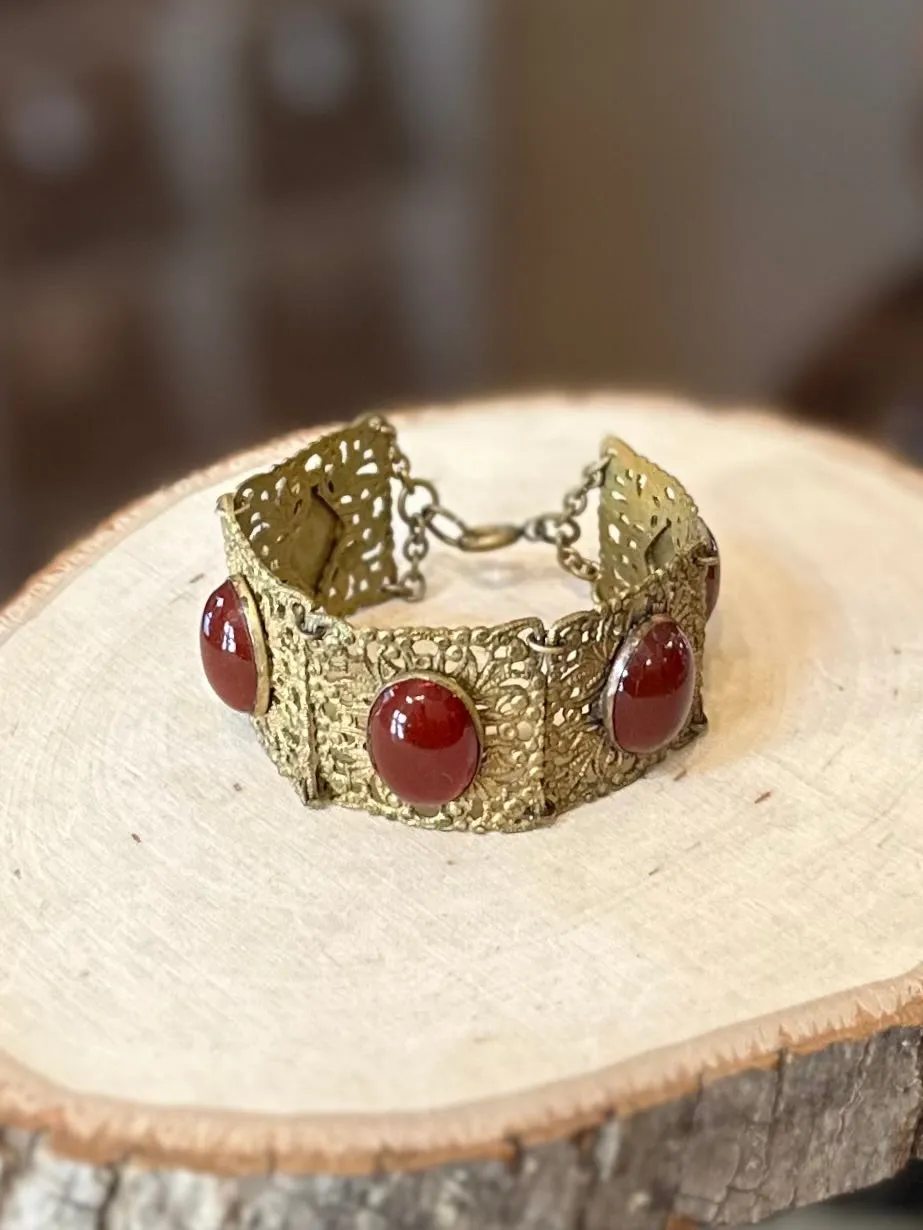 Antique 1910s 1920s Floral Brass & Hand Faceted Carnelian Cabochon Panel Link Bracelet Art Nouveau 7”