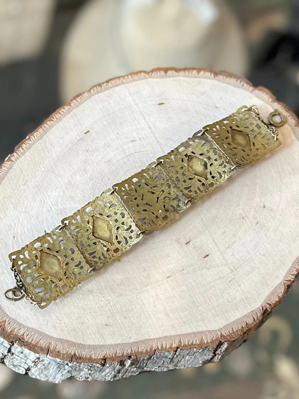 Antique 1910s 1920s Floral Brass & Hand Faceted Carnelian Cabochon Panel Link Bracelet Art Nouveau 7”