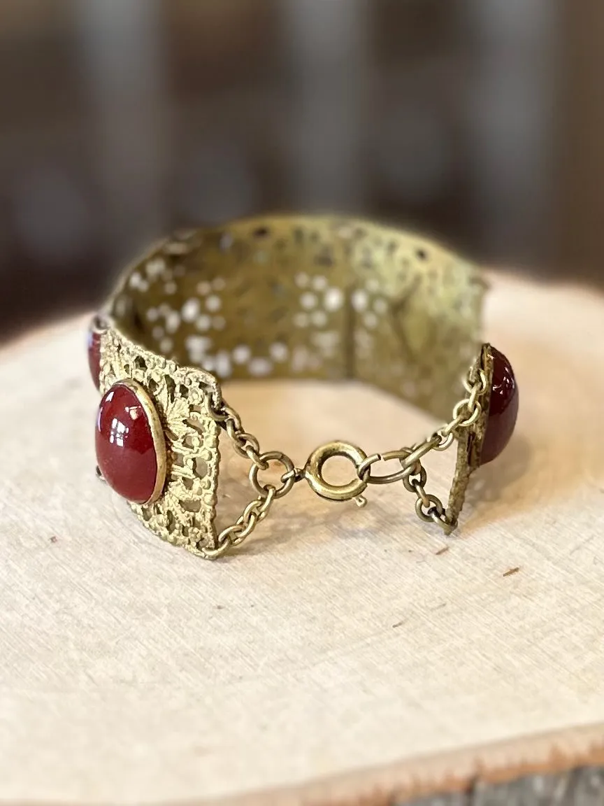 Antique 1910s 1920s Floral Brass & Hand Faceted Carnelian Cabochon Panel Link Bracelet Art Nouveau 7”