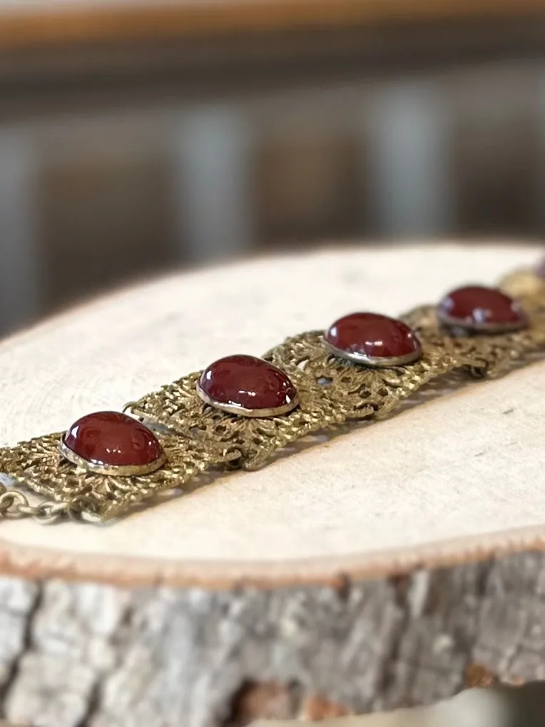 Antique 1910s 1920s Floral Brass & Hand Faceted Carnelian Cabochon Panel Link Bracelet Art Nouveau 7”