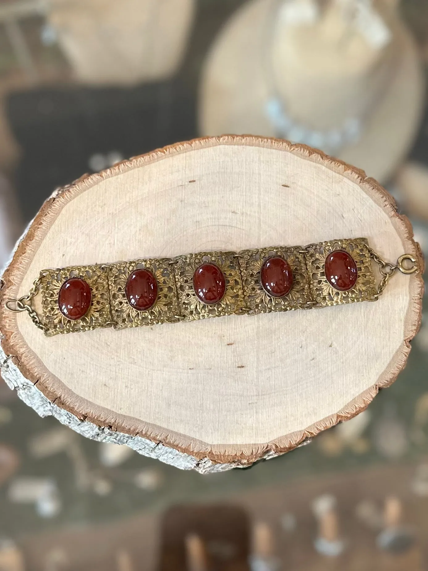 Antique 1910s 1920s Floral Brass & Hand Faceted Carnelian Cabochon Panel Link Bracelet Art Nouveau 7”